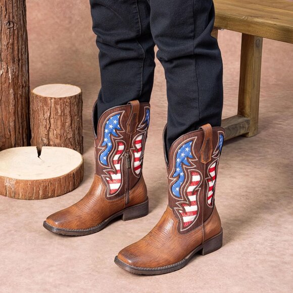 Men\'s Brown 1 Western Boot Side Zipper American Flag Retro Square Toe Mid-Calf main image 5